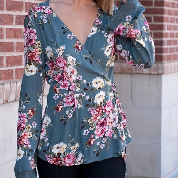 Teal Floral Wrap top - Picture 6 of 7